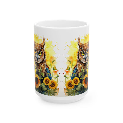 ColorFlow | Sunflower Owl Mug | Vibrant Yellow 15oz Ceramic Coffee Cup | Boho Nature Gift for Owl Lovers and Teachers