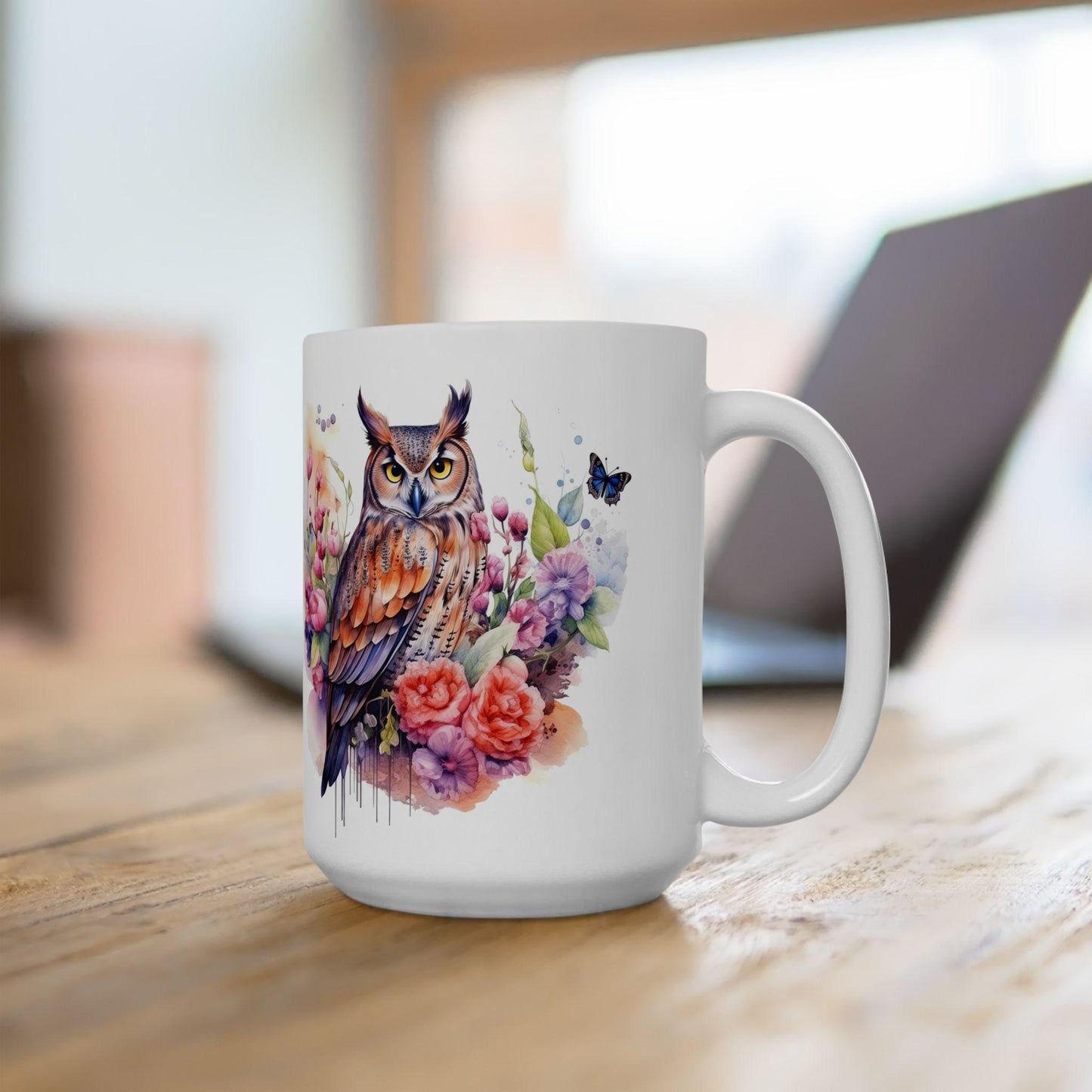ColorFlow | Serene Owl Mug | Elegant Floral 15oz Ceramic Coffee Cup | Artistic Nature Gift for Owl Lovers and Dreamers