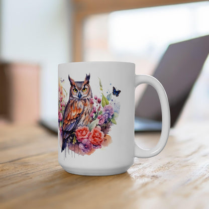ColorFlow | Serene Owl Mug | Elegant Floral 15oz Ceramic Coffee Cup | Artistic Nature Gift for Owl Lovers and Dreamers