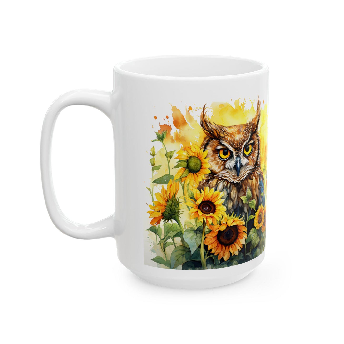 ColorFlow | Sunflower Owl Mug | Vibrant Yellow 15oz Ceramic Coffee Cup | Boho Nature Gift for Owl Lovers and Teachers