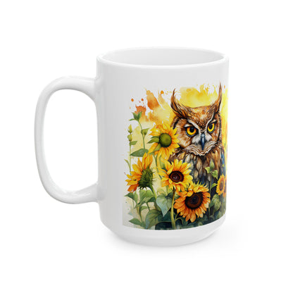 ColorFlow | Sunflower Owl Mug | Vibrant Yellow 15oz Ceramic Coffee Cup | Boho Nature Gift for Owl Lovers and Teachers