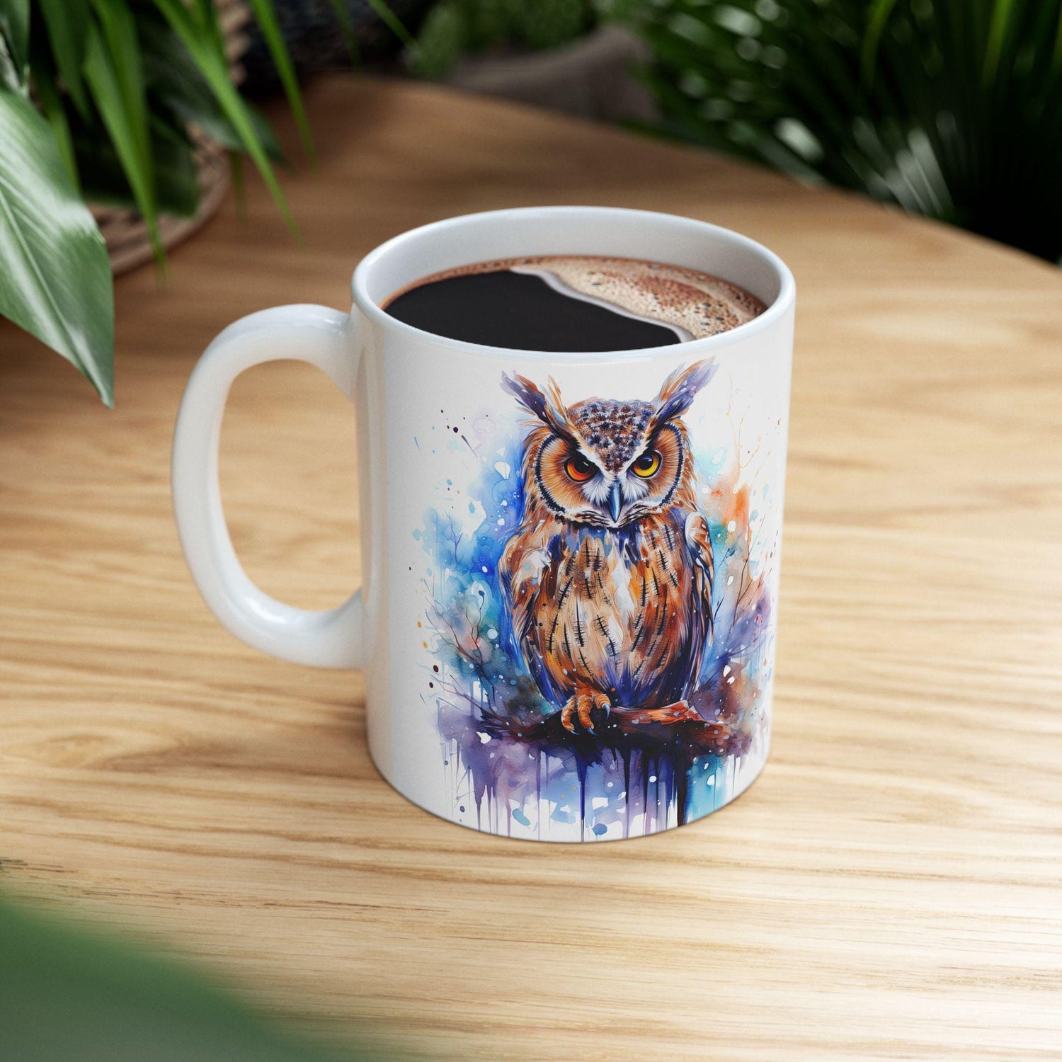 ColorFlow | Autumn Owl Mug | Watercolor Forest 15oz Ceramic Coffee Cup | Artistic Gift for Nature and Owl Lovers