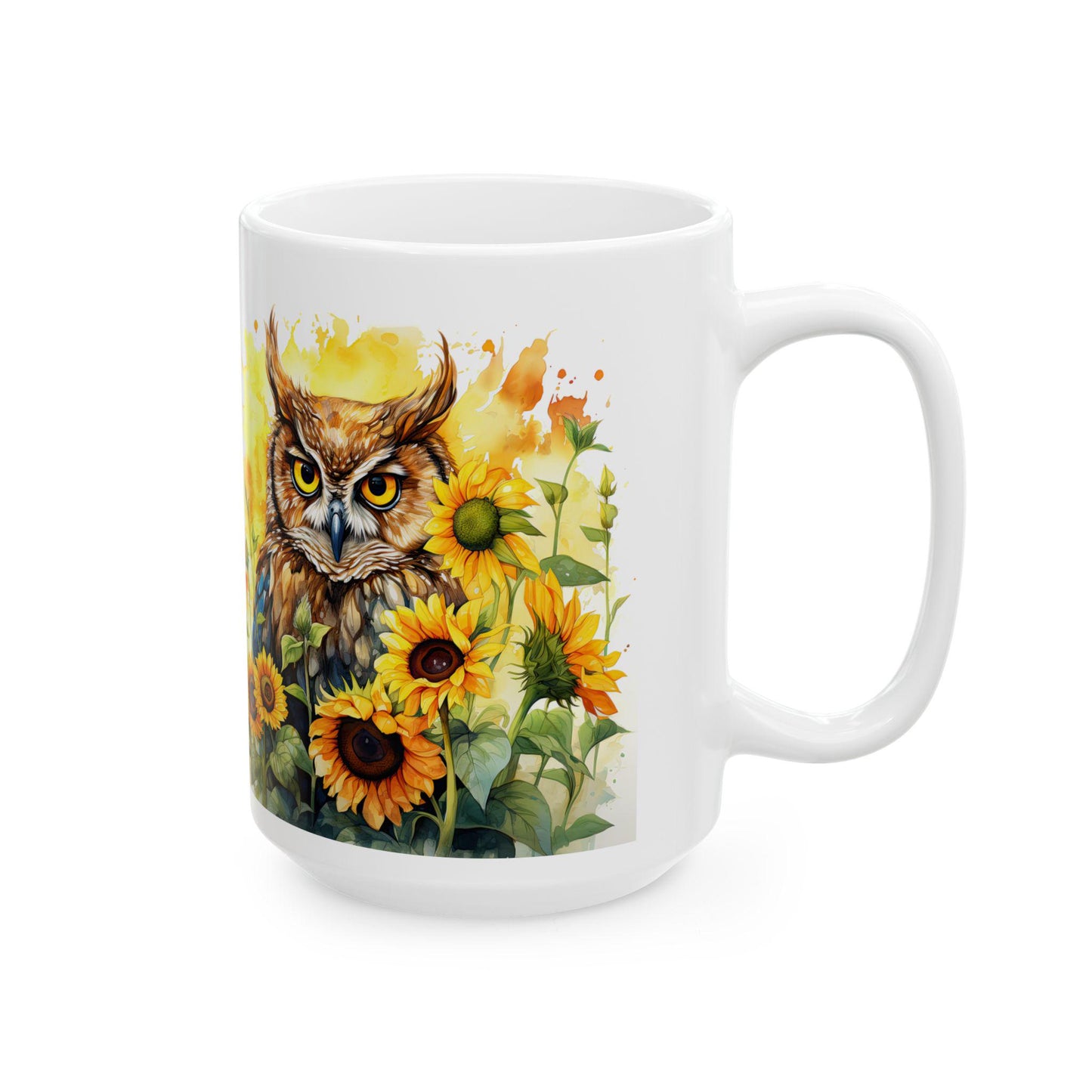 ColorFlow | Sunflower Owl Mug | Vibrant Yellow 15oz Ceramic Coffee Cup | Boho Nature Gift for Owl Lovers and Teachers