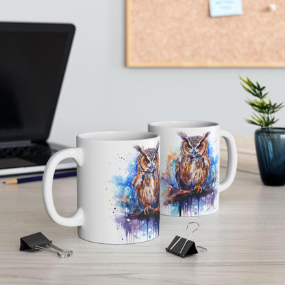 ColorFlow | Autumn Owl Mug | Watercolor Forest 15oz Ceramic Coffee Cup | Artistic Gift for Nature and Owl Lovers
