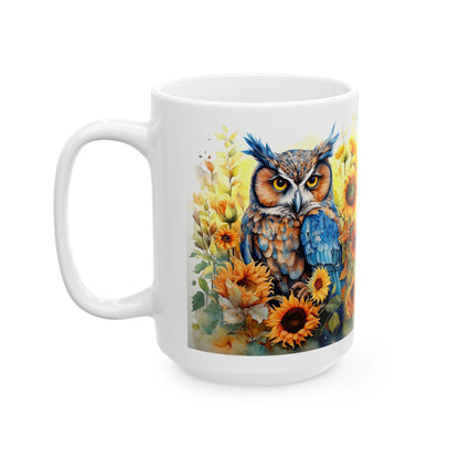 ColorFlow | Blue Owl Sunflower Mug | Bright Boho 15oz Ceramic Coffee Cup | Artistic Nature Gift for Owl and Flower Lovers