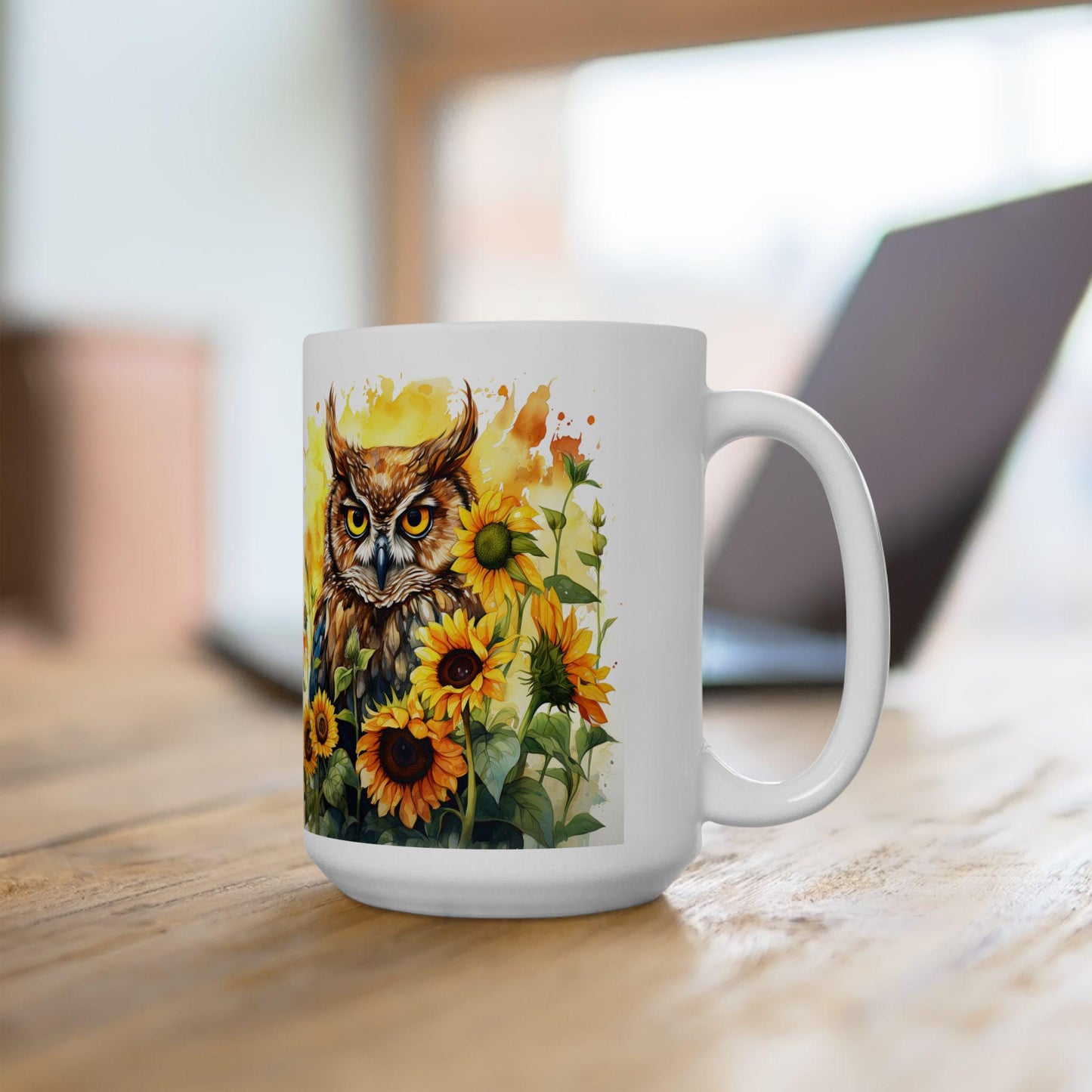 ColorFlow | Sunflower Owl Mug | Vibrant Yellow 15oz Ceramic Coffee Cup | Boho Nature Gift for Owl Lovers and Teachers