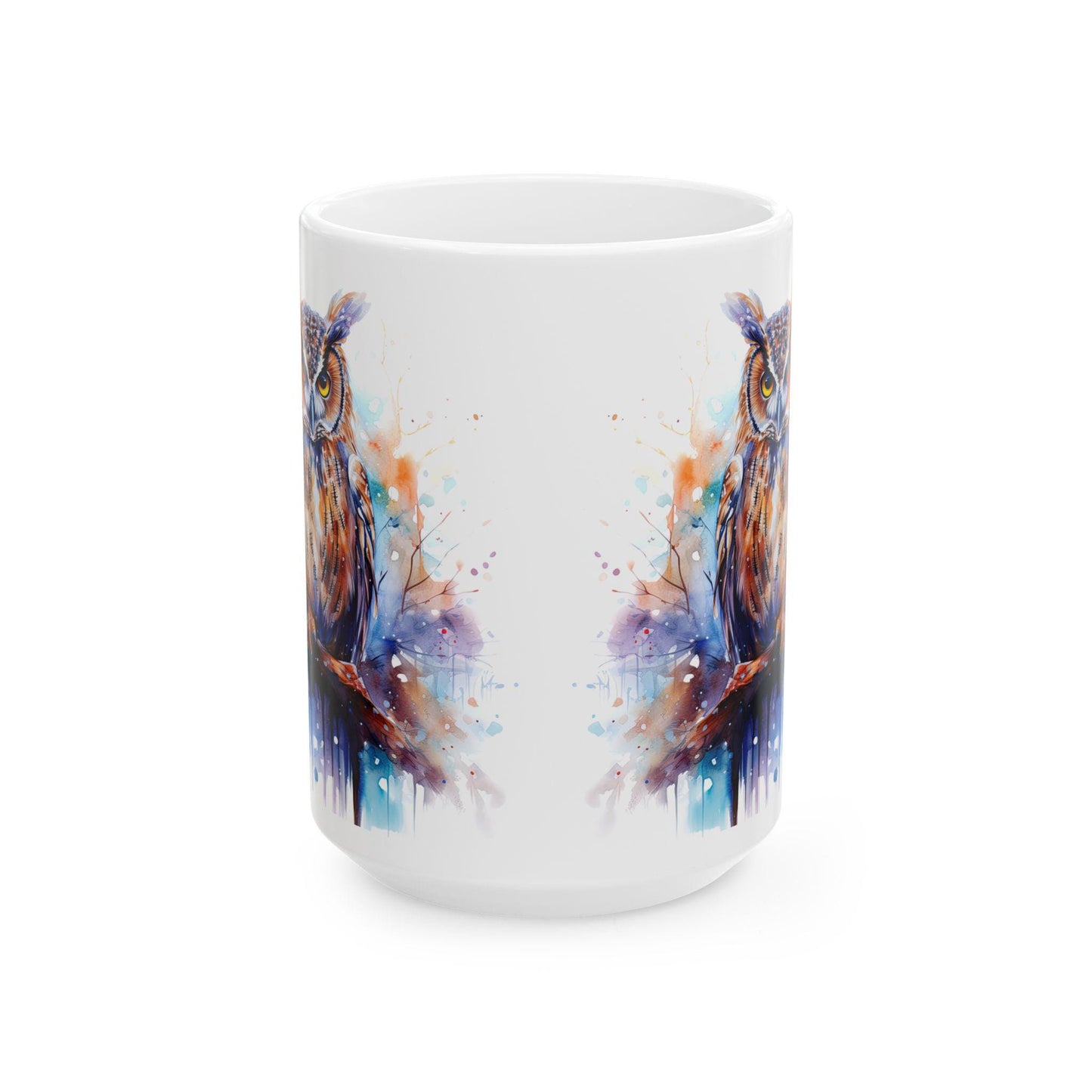 ColorFlow | Autumn Owl Mug | Watercolor Forest 15oz Ceramic Coffee Cup | Artistic Gift for Nature and Owl Lovers
