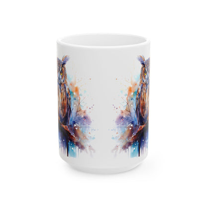 ColorFlow | Autumn Owl Mug | Watercolor Forest 15oz Ceramic Coffee Cup | Artistic Gift for Nature and Owl Lovers