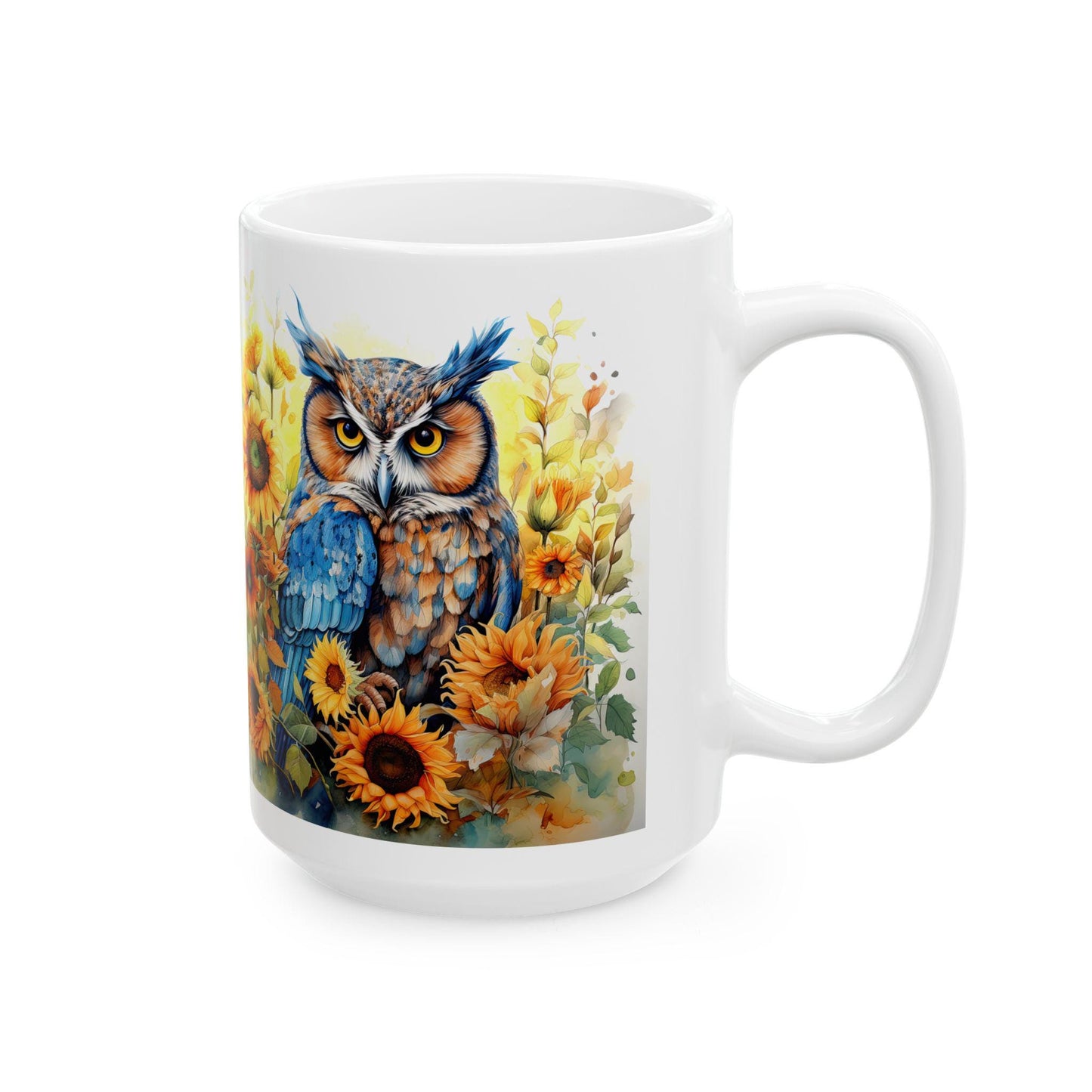 ColorFlow | Blue Owl Sunflower Mug | Bright Boho 15oz Ceramic Coffee Cup | Artistic Nature Gift for Owl and Flower Lovers