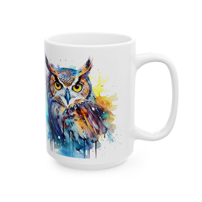 ColorFlow | Watercolor Owl Mug | Vibrant Abstract 15oz Ceramic Coffee Cup | Artistic Gift for Owl Lovers and Creatives
