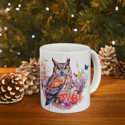 ColorFlow | Serene Owl Mug | Elegant Floral 15oz Ceramic Coffee Cup | Artistic Nature Gift for Owl Lovers and Dreamers