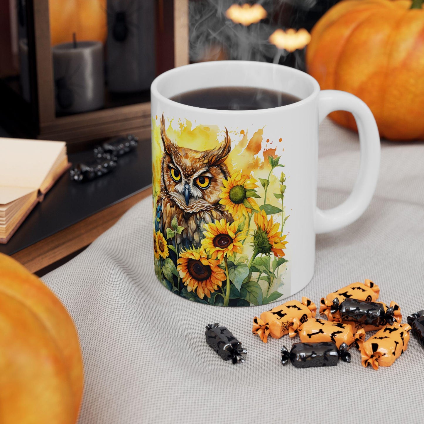 ColorFlow | Sunflower Owl Mug | Vibrant Yellow 15oz Ceramic Coffee Cup | Boho Nature Gift for Owl Lovers and Teachers