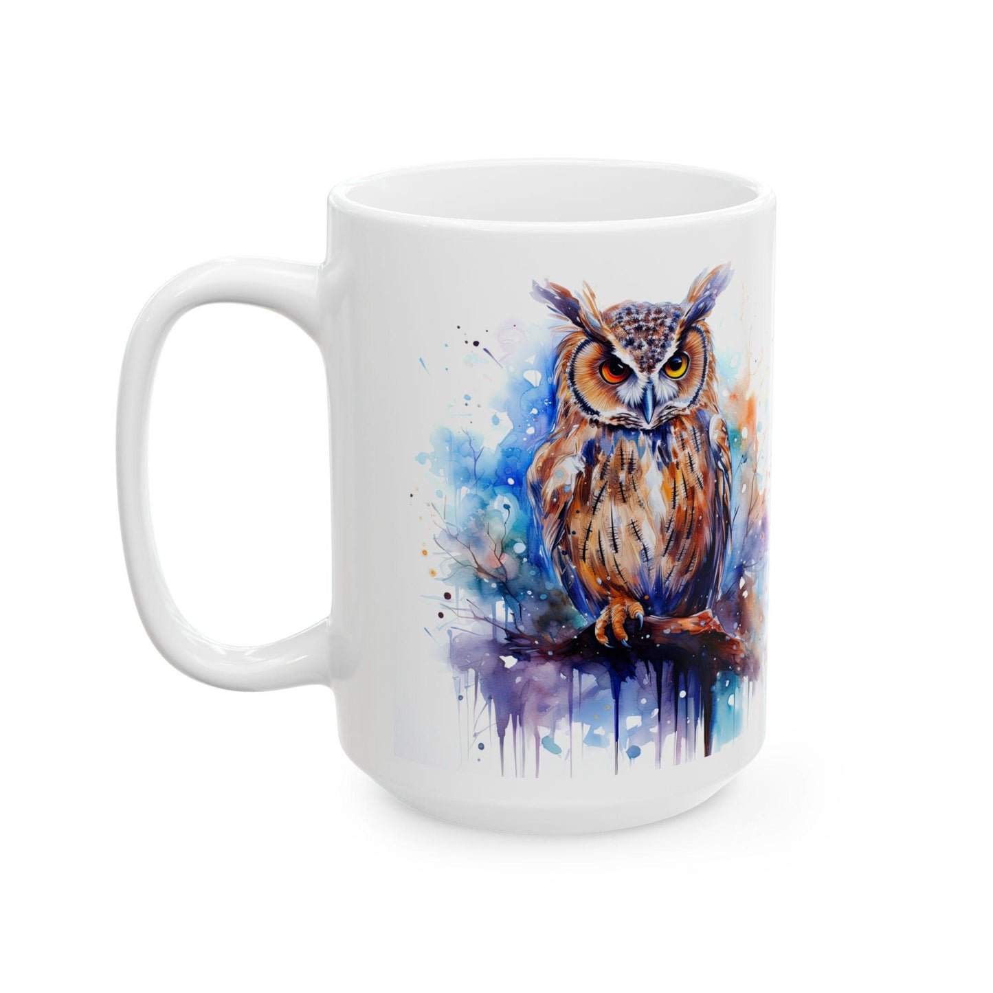 ColorFlow | Autumn Owl Mug | Watercolor Forest 15oz Ceramic Coffee Cup | Artistic Gift for Nature and Owl Lovers