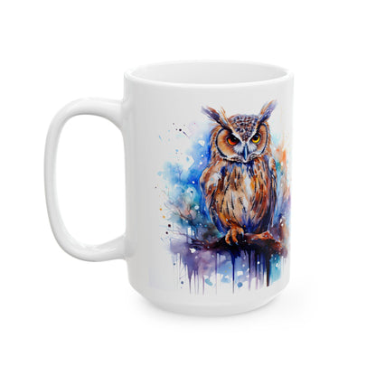 ColorFlow | Autumn Owl Mug | Watercolor Forest 15oz Ceramic Coffee Cup | Artistic Gift for Nature and Owl Lovers