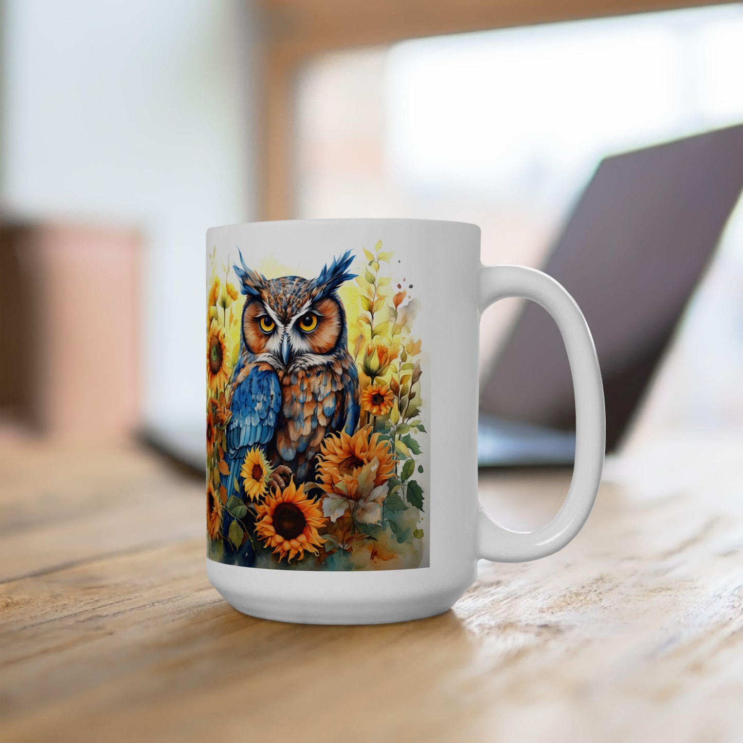 ColorFlow | Blue Owl Sunflower Mug | Bright Boho 15oz Ceramic Coffee Cup | Artistic Nature Gift for Owl and Flower Lovers
