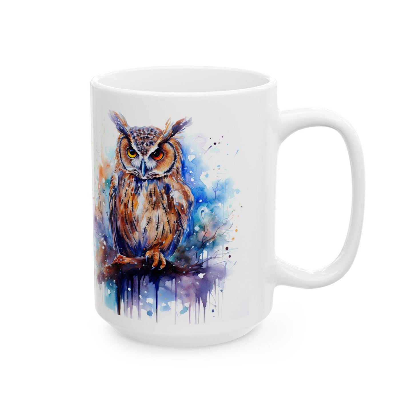 ColorFlow | Autumn Owl Mug | Watercolor Forest 15oz Ceramic Coffee Cup | Artistic Gift for Nature and Owl Lovers