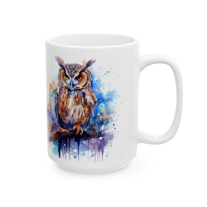 ColorFlow | Autumn Owl Mug | Watercolor Forest 15oz Ceramic Coffee Cup | Artistic Gift for Nature and Owl Lovers