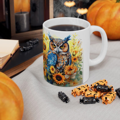 ColorFlow | Blue Owl Sunflower Mug | Bright Boho 15oz Ceramic Coffee Cup | Artistic Nature Gift for Owl and Flower Lovers