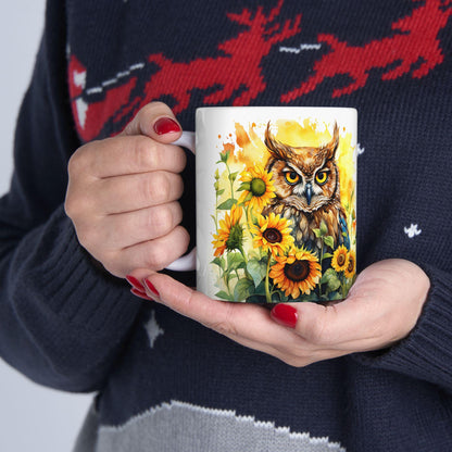 ColorFlow | Sunflower Owl Mug | Vibrant Yellow 15oz Ceramic Coffee Cup | Boho Nature Gift for Owl Lovers and Teachers