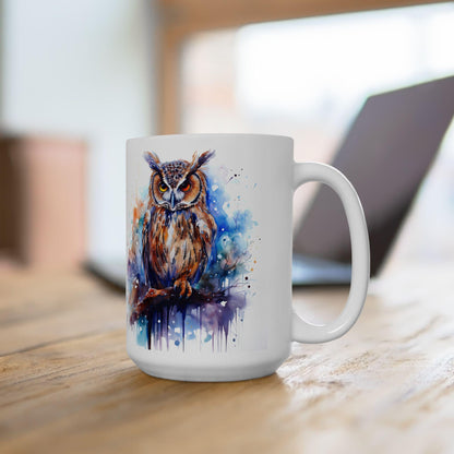 ColorFlow | Autumn Owl Mug | Watercolor Forest 15oz Ceramic Coffee Cup | Artistic Gift for Nature and Owl Lovers