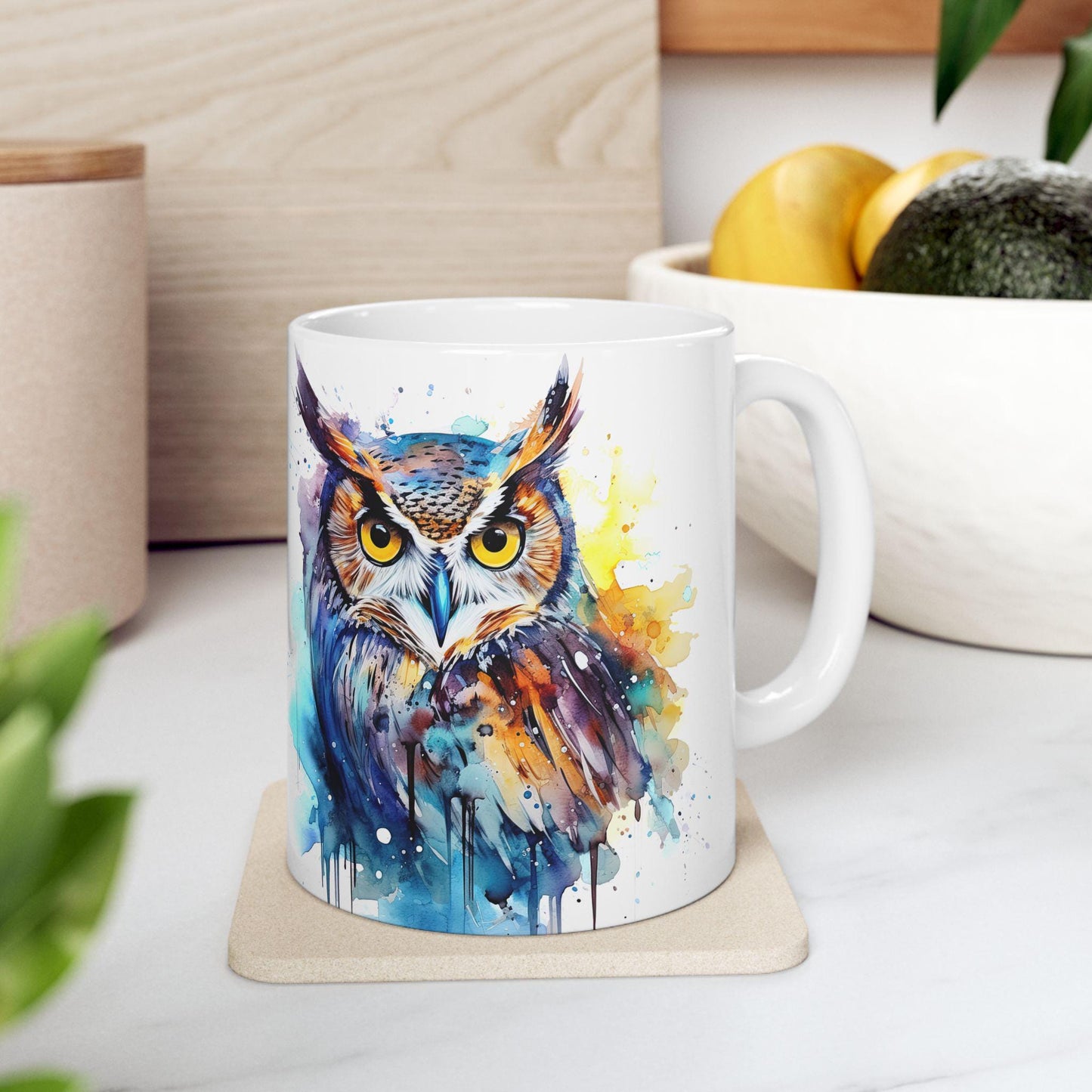 ColorFlow | Watercolor Owl Mug | Vibrant Abstract 15oz Ceramic Coffee Cup | Artistic Gift for Owl Lovers and Creatives