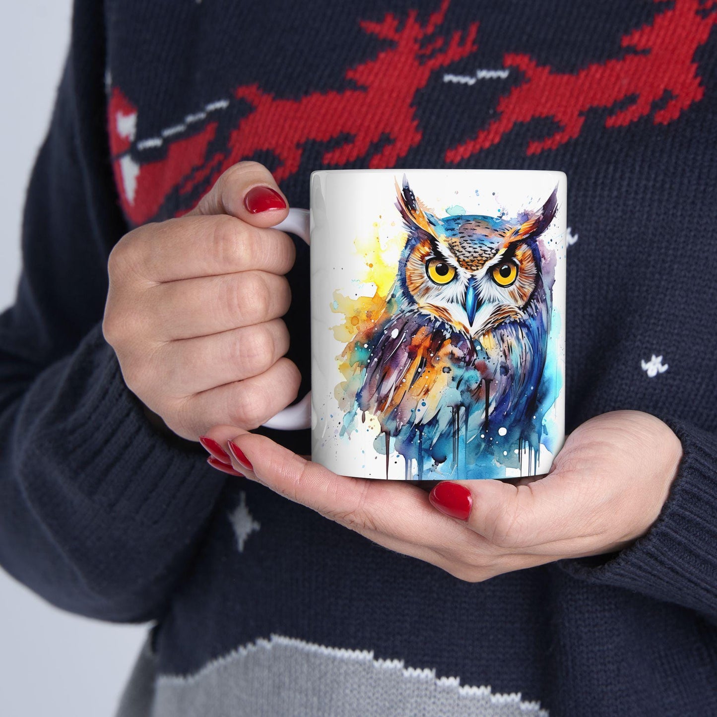ColorFlow | Watercolor Owl Mug | Vibrant Abstract 15oz Ceramic Coffee Cup | Artistic Gift for Owl Lovers and Creatives