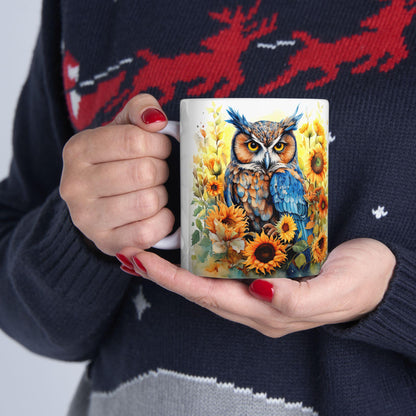 ColorFlow | Blue Owl Sunflower Mug | Bright Boho 15oz Ceramic Coffee Cup | Artistic Nature Gift for Owl and Flower Lovers