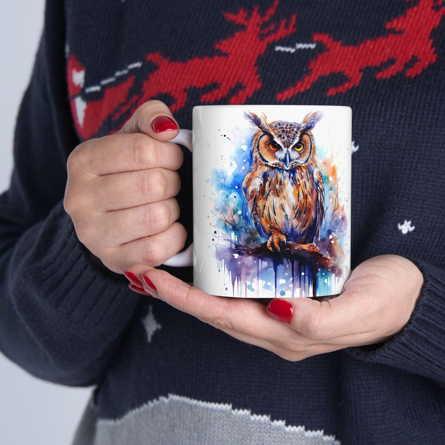 ColorFlow | Autumn Owl Mug | Watercolor Forest 15oz Ceramic Coffee Cup | Artistic Gift for Nature and Owl Lovers