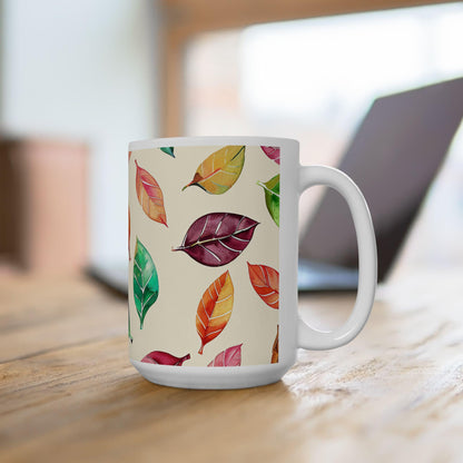 ColorFlow | Autumn Leaves Mug | Watercolor Fall 15oz Ceramic Coffee Cup | Cozy Seasonal Gift for Nature and Art Lovers