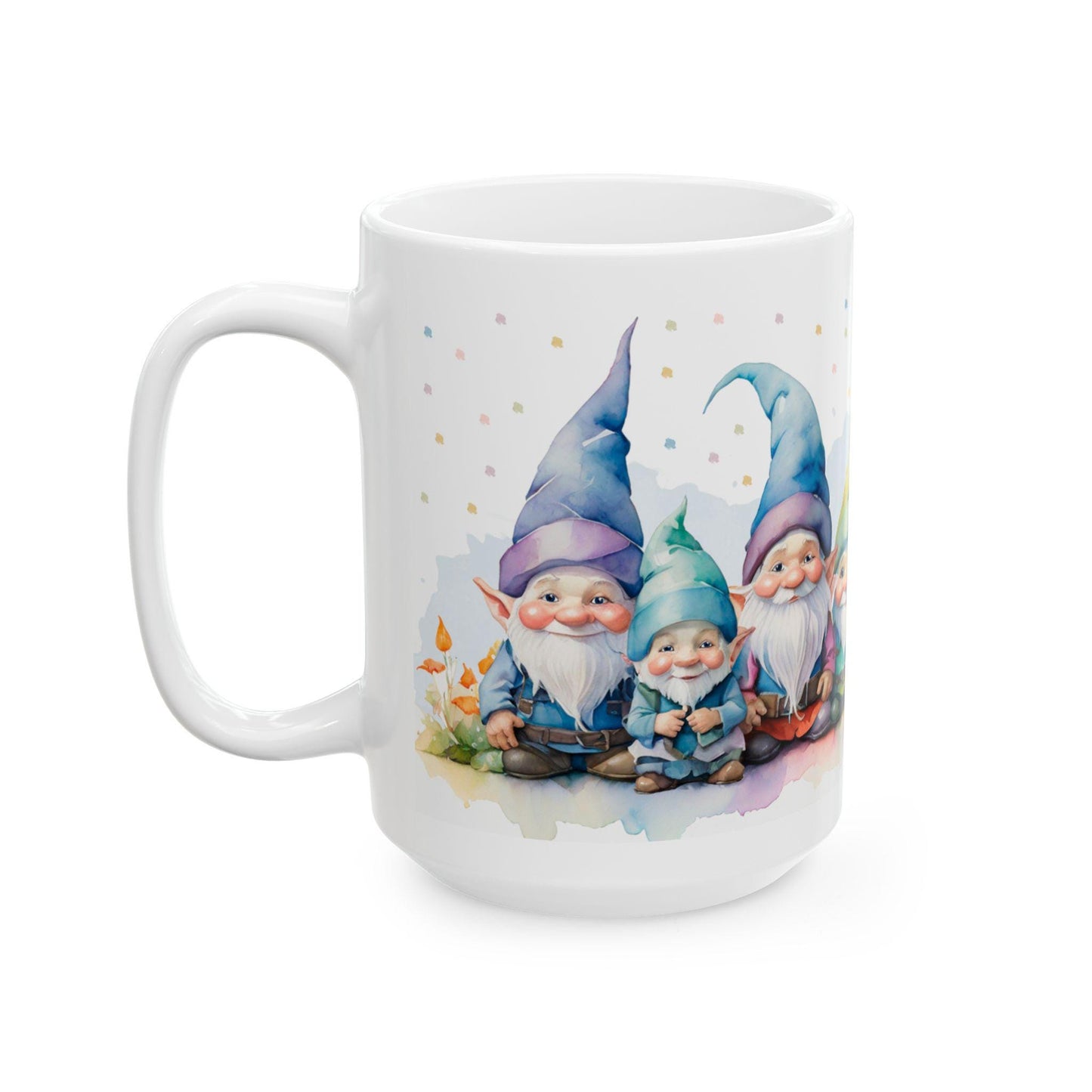 ColorFlow | Gnome Friends Mug | Whimsical 15oz Ceramic Coffee Cup | Cute Fantasy Gift for Garden and Art Lovers