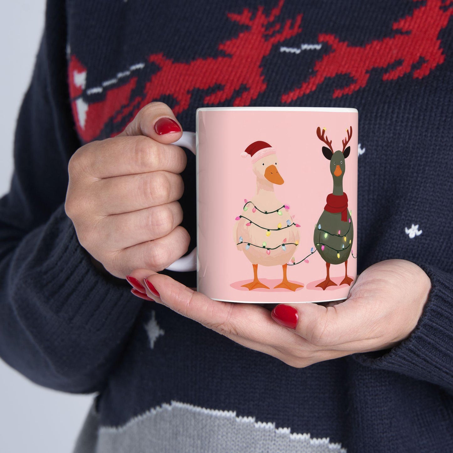 ColorFlow | Christmas Duck Mug | Funny Holiday 15oz Ceramic Coffee Cup | Cute Farm Animal Gift for Christmas Lovers