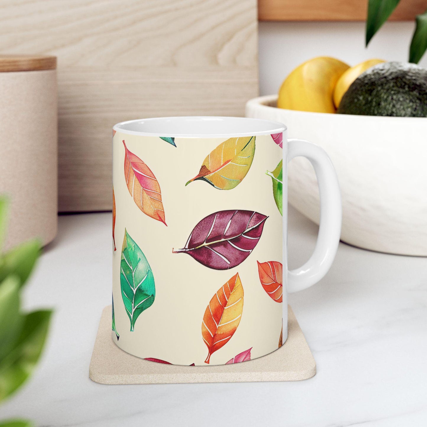 ColorFlow | Autumn Leaves Mug | Watercolor Fall 15oz Ceramic Coffee Cup | Cozy Seasonal Gift for Nature and Art Lovers