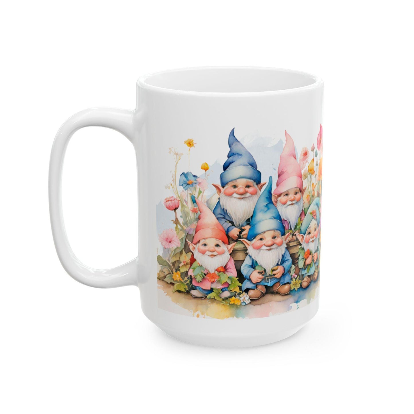 ColorFlow | Garden Gnome Mug | Whimsical Floral 15oz Ceramic Coffee Cup | Cute Fantasy Gift for Garden and Art Lovers