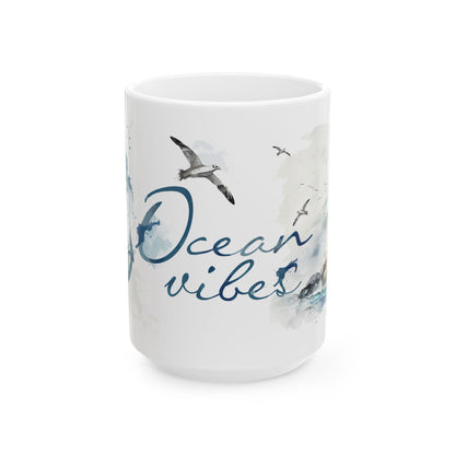 ColorFlow | Ocean Vibes Mug | Nautical Lighthouse 15oz Ceramic Coffee Cup | Beach Lover Gift with Coastal Art Design