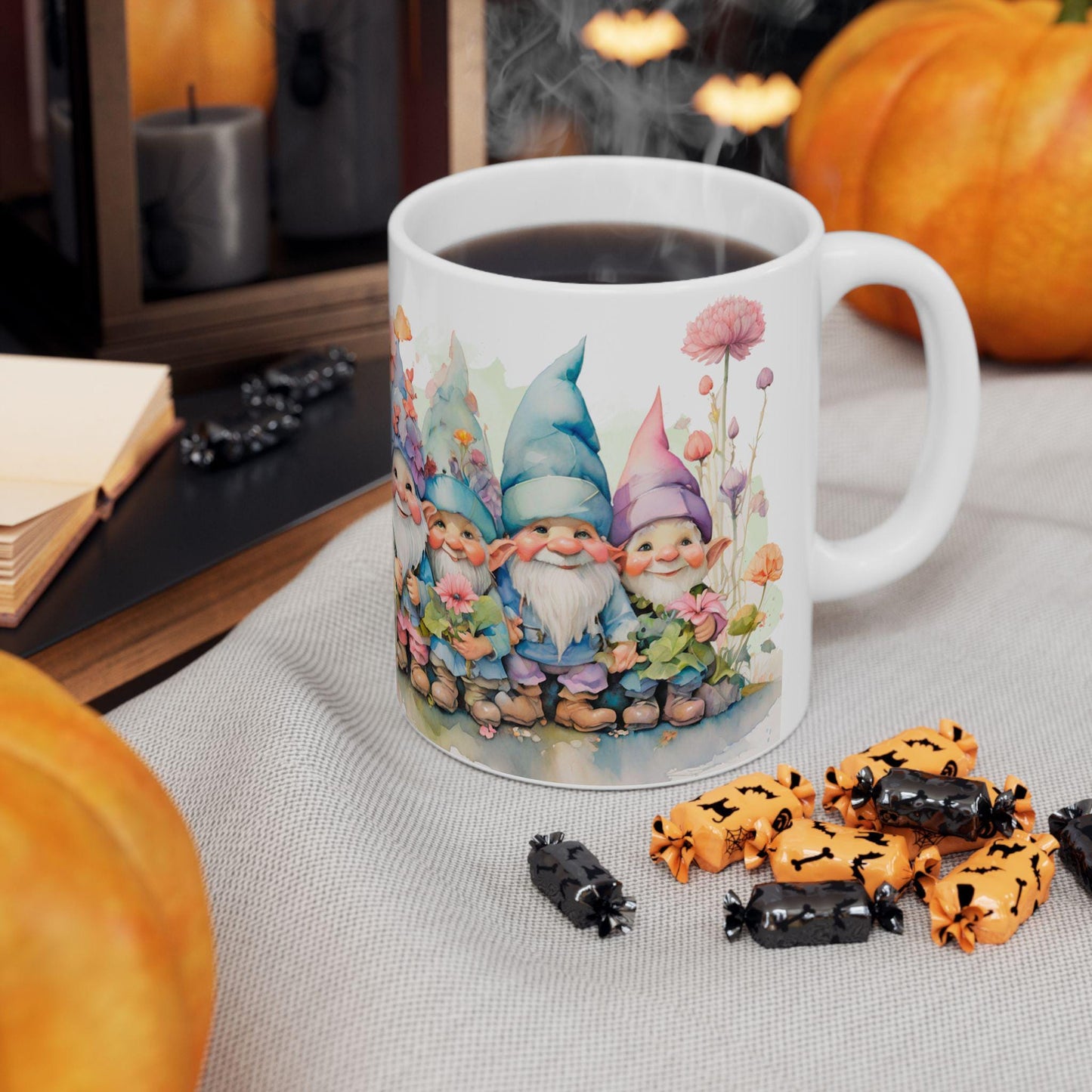 ColorFlow | Garden Gnome Mug | Whimsical Floral 15oz Ceramic Coffee Cup | Cute Fantasy Gift for Garden and Art Lovers