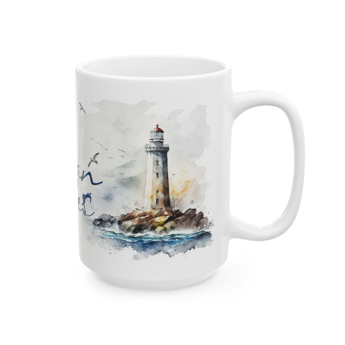 ColorFlow | Ocean Vibes Mug | Nautical Lighthouse 15oz Ceramic Coffee Cup | Beach Lover Gift with Coastal Art Design