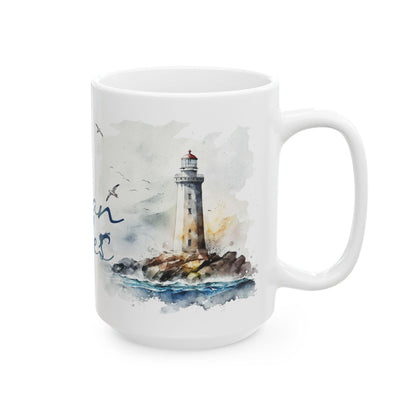 ColorFlow | Ocean Vibes Mug | Nautical Lighthouse 15oz Ceramic Coffee Cup | Beach Lover Gift with Coastal Art Design