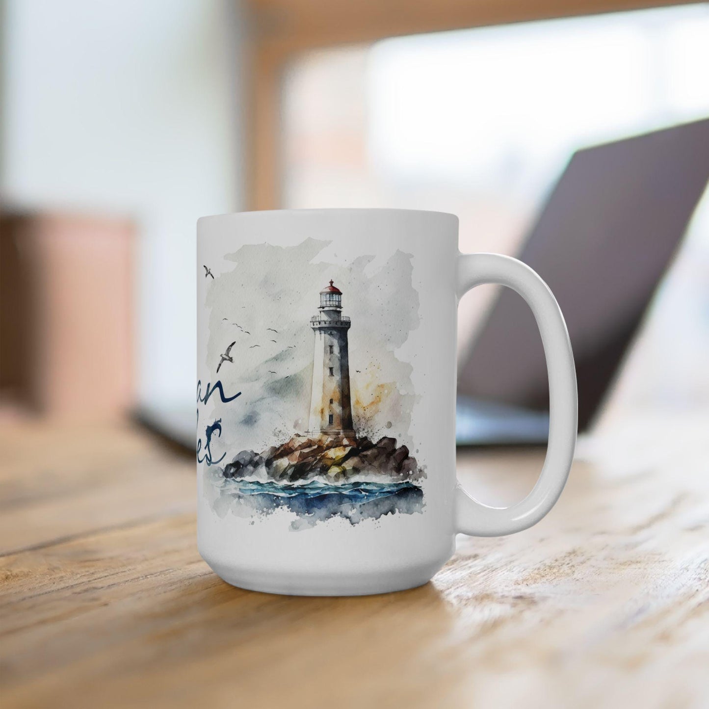 ColorFlow | Ocean Vibes Mug | Nautical Lighthouse 15oz Ceramic Coffee Cup | Beach Lover Gift with Coastal Art Design