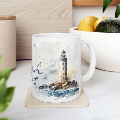 ColorFlow | Ocean Vibes Mug | Nautical Lighthouse 15oz Ceramic Coffee Cup | Beach Lover Gift with Coastal Art Design