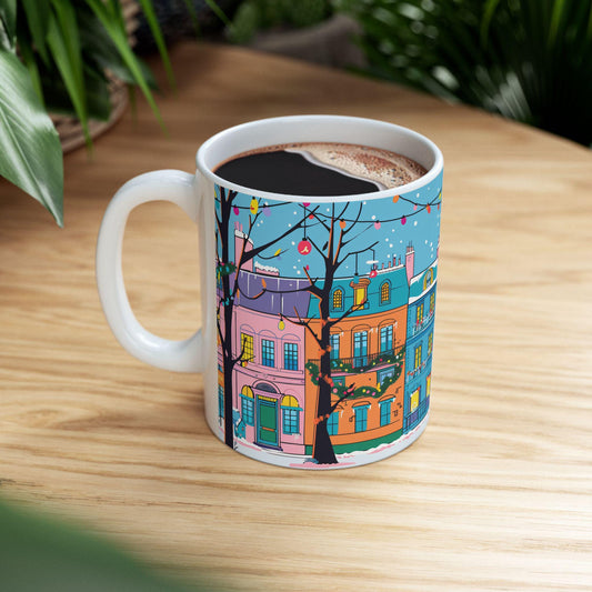 ColorFlow | Christmas Village Mug | Festive City Street 15oz Ceramic Coffee Cup | Holiday Gift for Winter & Art Lovers
