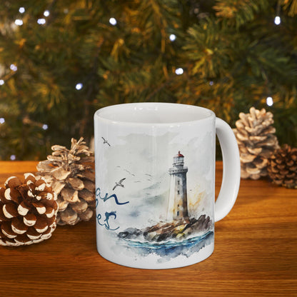ColorFlow | Ocean Vibes Mug | Nautical Lighthouse 15oz Ceramic Coffee Cup | Beach Lover Gift with Coastal Art Design