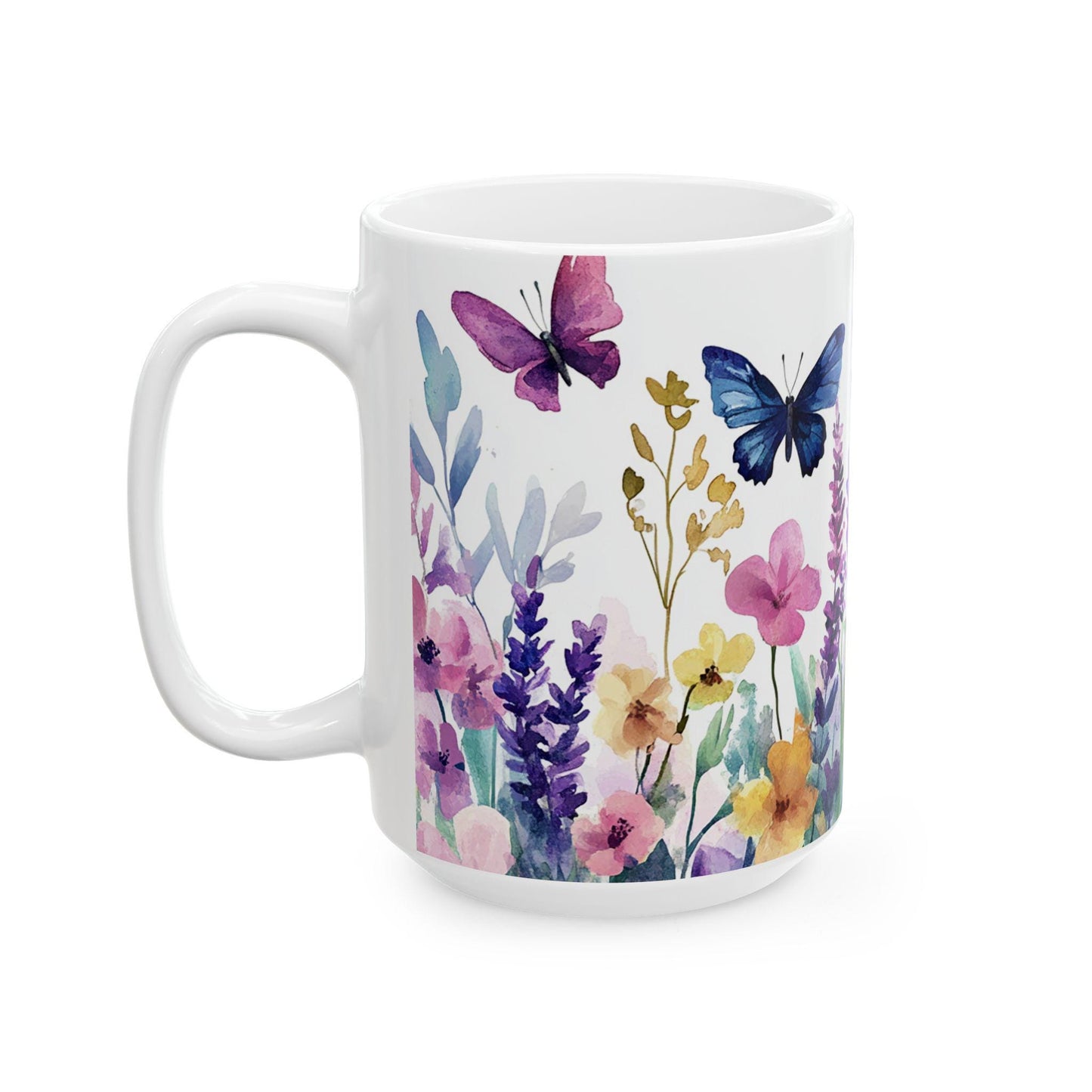 ColorFlow | Wildflower Garden Mug | Watercolor Butterfly 15oz Ceramic Coffee Cup | Nature Lover Gift for Her