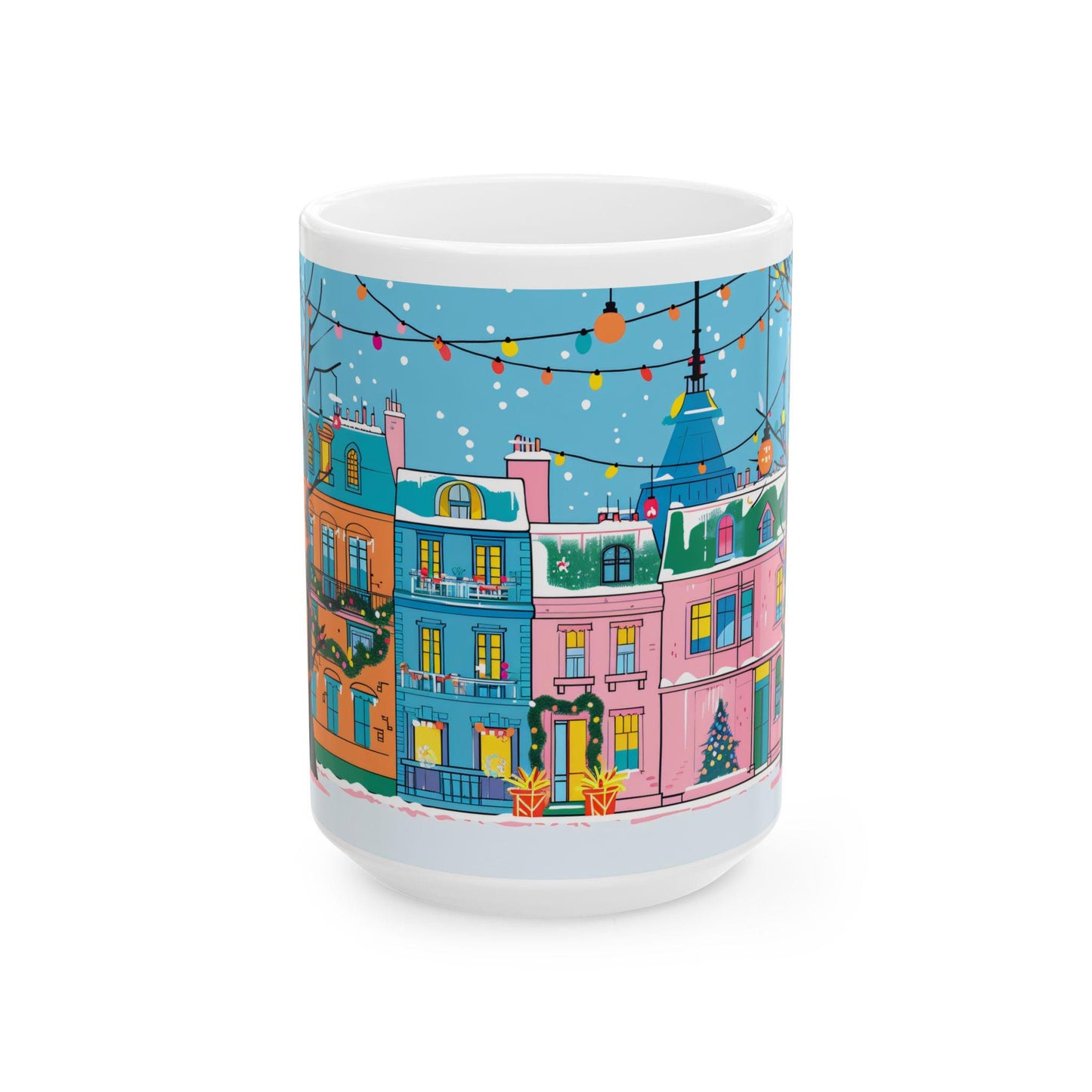ColorFlow | Christmas Village Mug | Festive City Street 15oz Ceramic Coffee Cup | Holiday Gift for Winter & Art Lovers