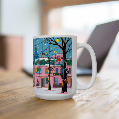 ColorFlow | Christmas Village Mug | Festive City Street 15oz Ceramic Coffee Cup | Holiday Gift for Winter & Art Lovers