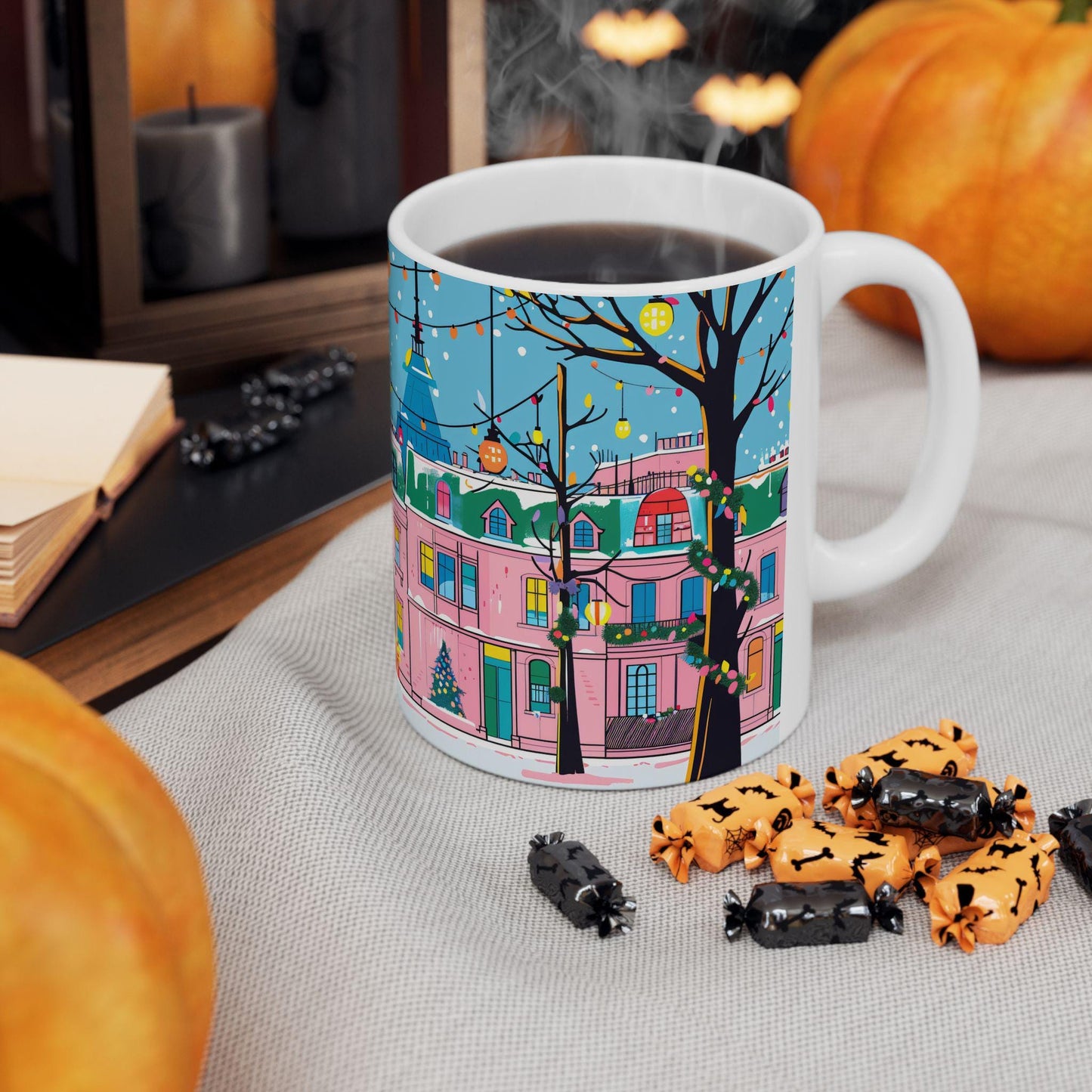 ColorFlow | Christmas Village Mug | Festive City Street 15oz Ceramic Coffee Cup | Holiday Gift for Winter & Art Lovers