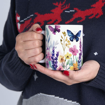 ColorFlow | Wildflower Garden Mug | Watercolor Butterfly 15oz Ceramic Coffee Cup | Nature Lover Gift for Her