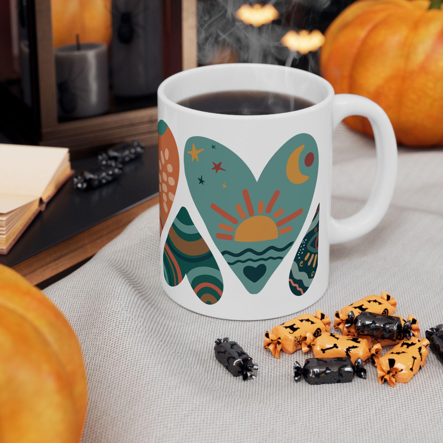 ColorFlow | Boho Hearts Mug | 15oz Ceramic Coffee Cup with Abstract Art Design | Hippie Aesthetic Gift for Her