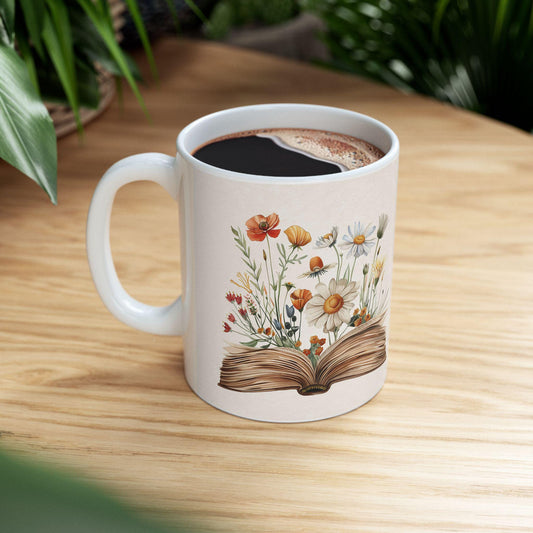 ColorFlow | Book of Wildflowers Mug | 15oz Cottagecore Ceramic Coffee Cup | Literary Botanical Gift for Book Lovers