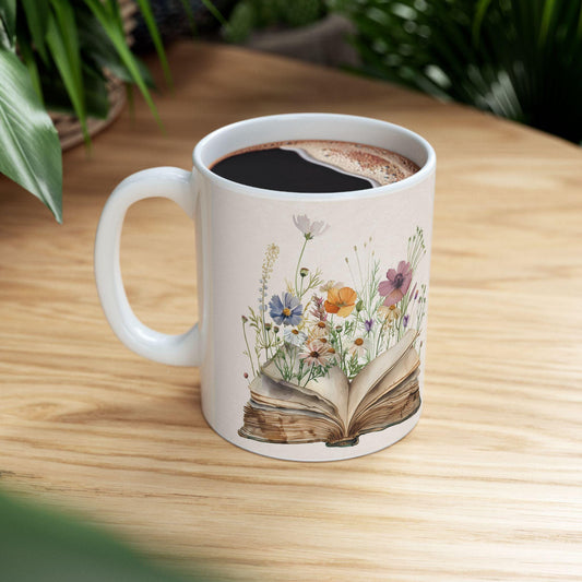 ColorFlow | Open Book Wildflower Mug | 15oz Cottagecore Coffee Cup | Vintage Floral Book Lover Gift for Readers