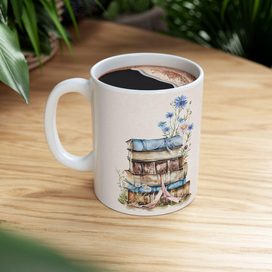 ColorFlow | Stack of Books Mug | 15oz Literary Coffee Cup with Blue Wildflowers | Vintage Book Lover Gift